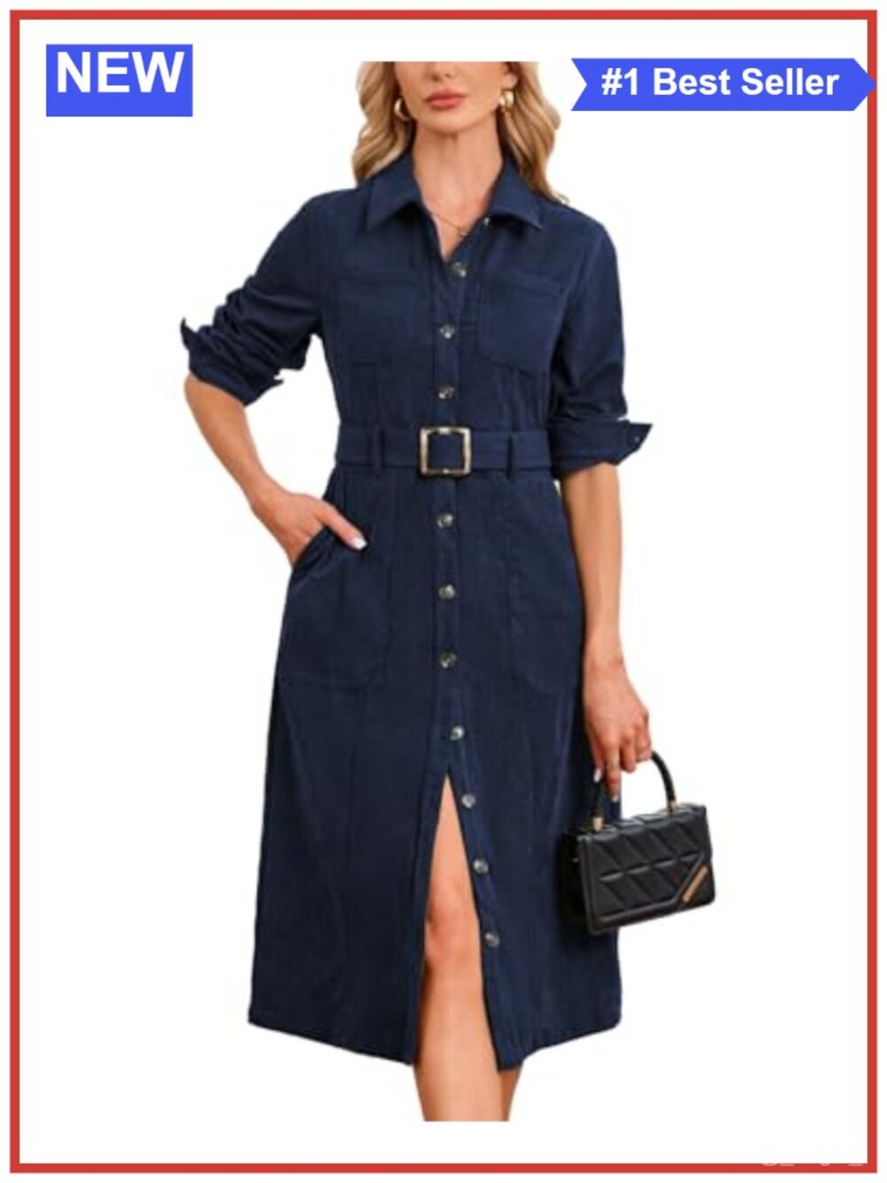 Women's Corduroy Midi Dress Belted Button Down Long Sleeve Shirt Dress